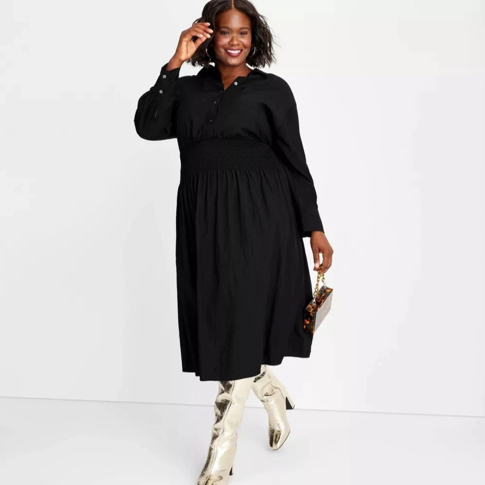 NWT Black Smocked Waist Midi Shirt dress Size XXL